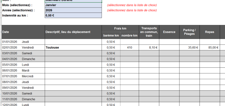 Modèle note de frais kilométrique Excel gratuit