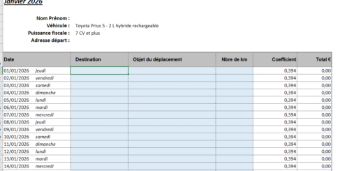 Tableau frais kilométriques Excel