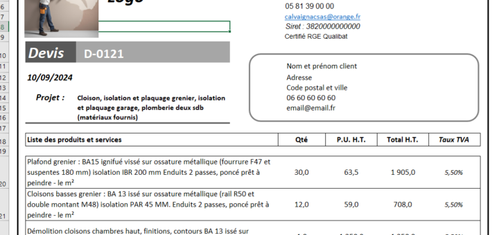 Modèle devis Excel gratuit auto-entrepreneur