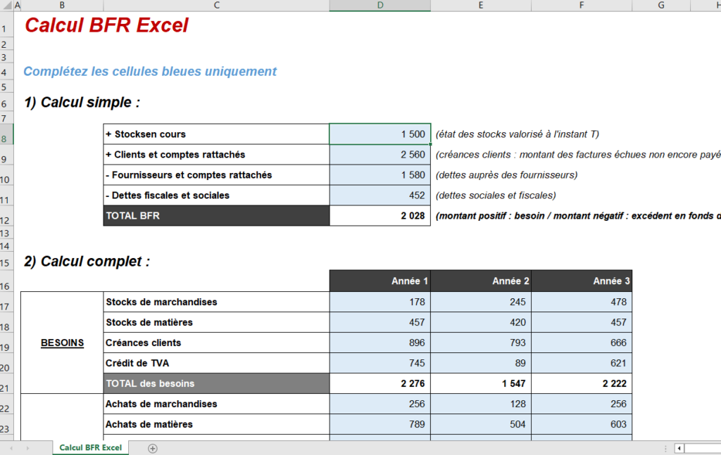 simulateur calcul BFR excel