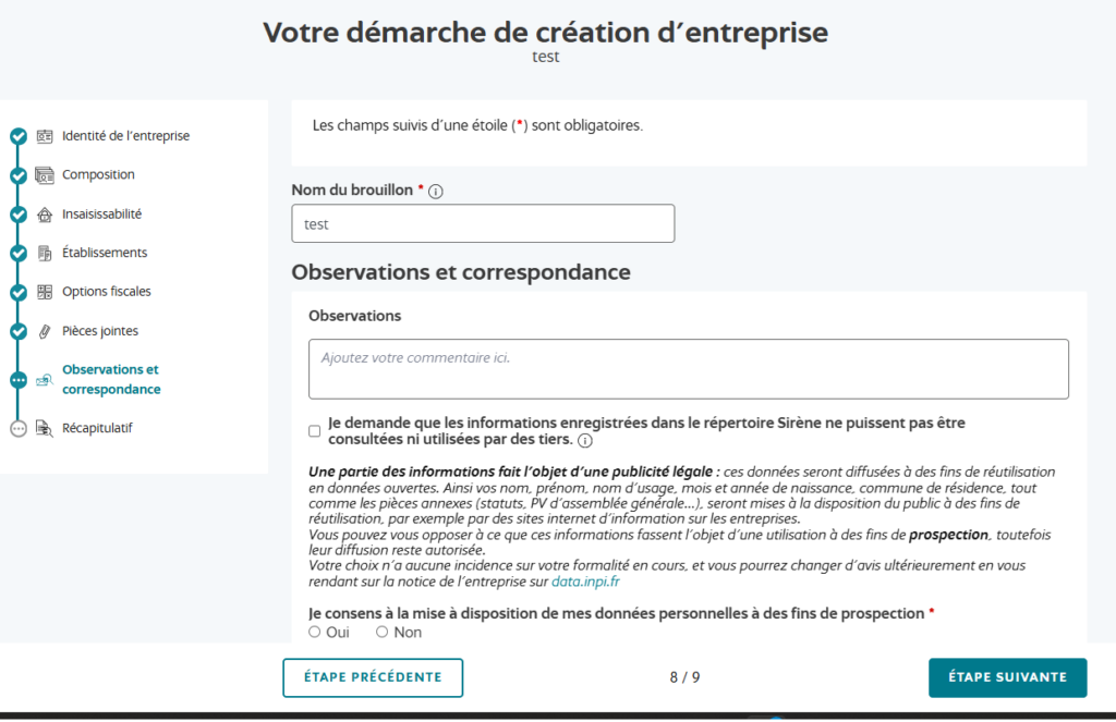 étapes création entreprise guichet unique INPI